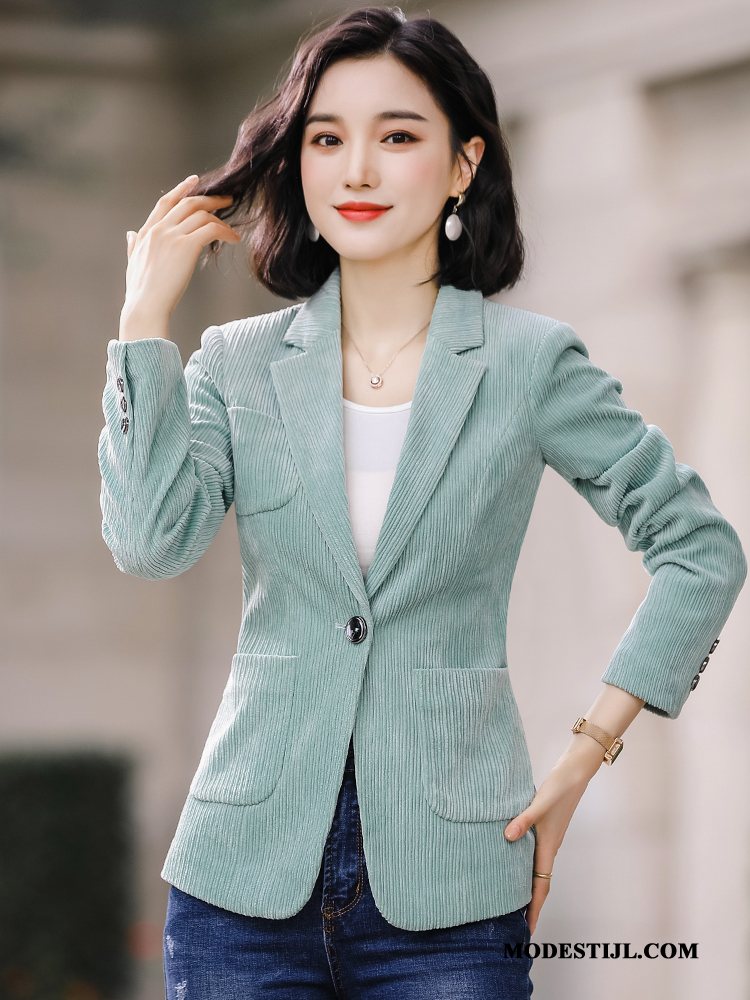 Dames Blazer Online Corduroy Pak Jasje Vrouwen Elegante Ontwerp Blauw Groen