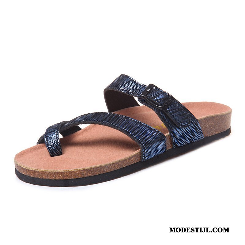 Dames Flip Flops Kopen Mode Plat Houten Zomer Bovenkleding Blauw Zandkleur