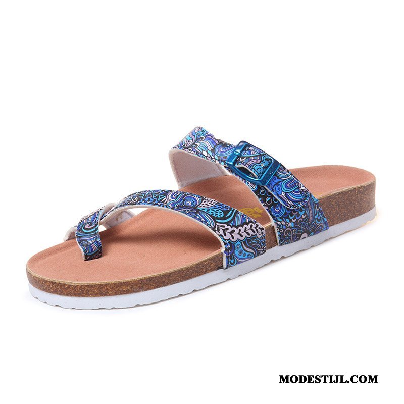 Dames Flip Flops Kopen Mode Plat Houten Zomer Bovenkleding Blauw Zandkleur