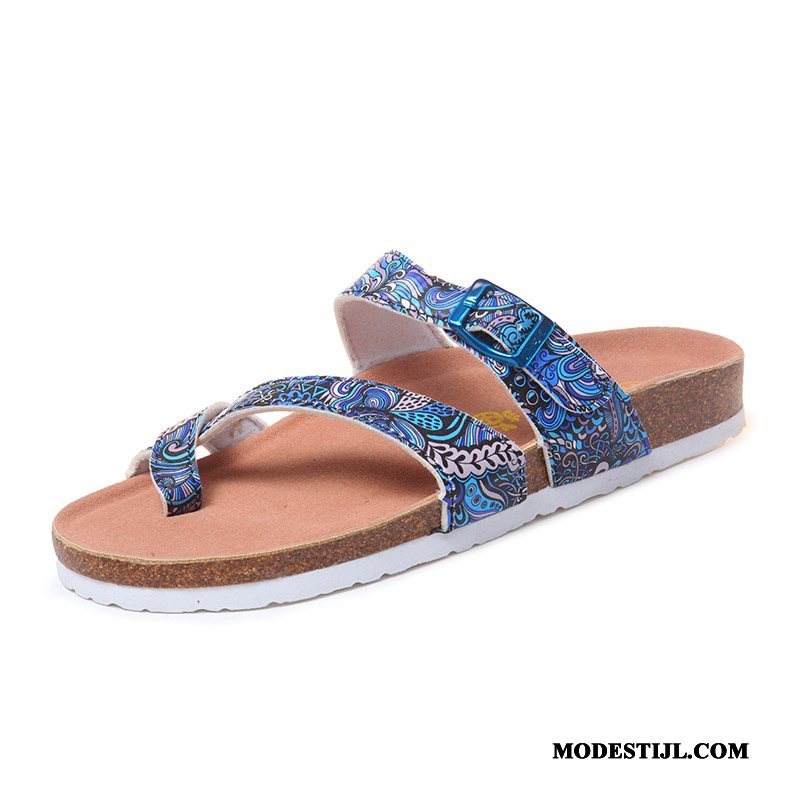 Dames Flip Flops Kopen Mode Plat Houten Zomer Bovenkleding Blauw Zandkleur