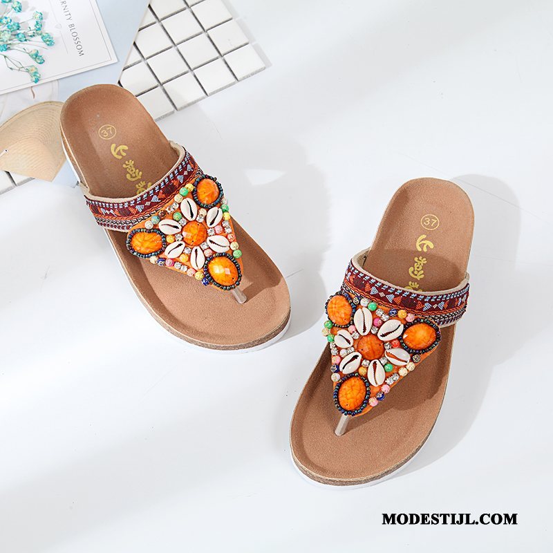 Dames Flip Flops Kopen Pantoffels Schelp Houten Strand Zomer Zandkleur Beige Oranje