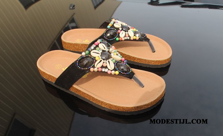 Dames Flip Flops Kopen Pantoffels Schelp Houten Strand Zomer Zandkleur Beige Oranje