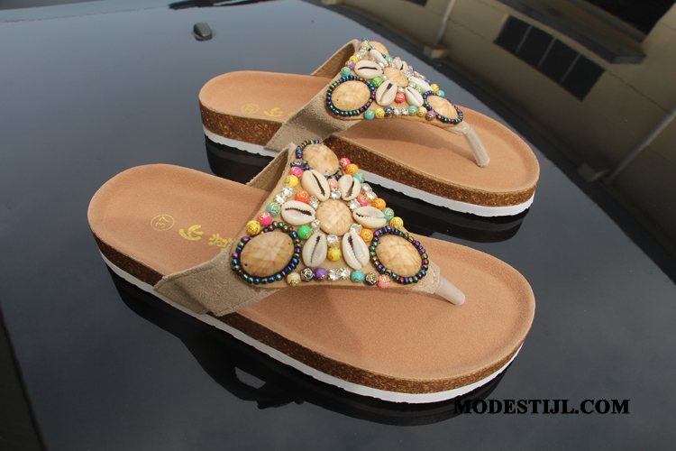 Dames Flip Flops Kopen Pantoffels Schelp Houten Strand Zomer Zandkleur Beige Oranje