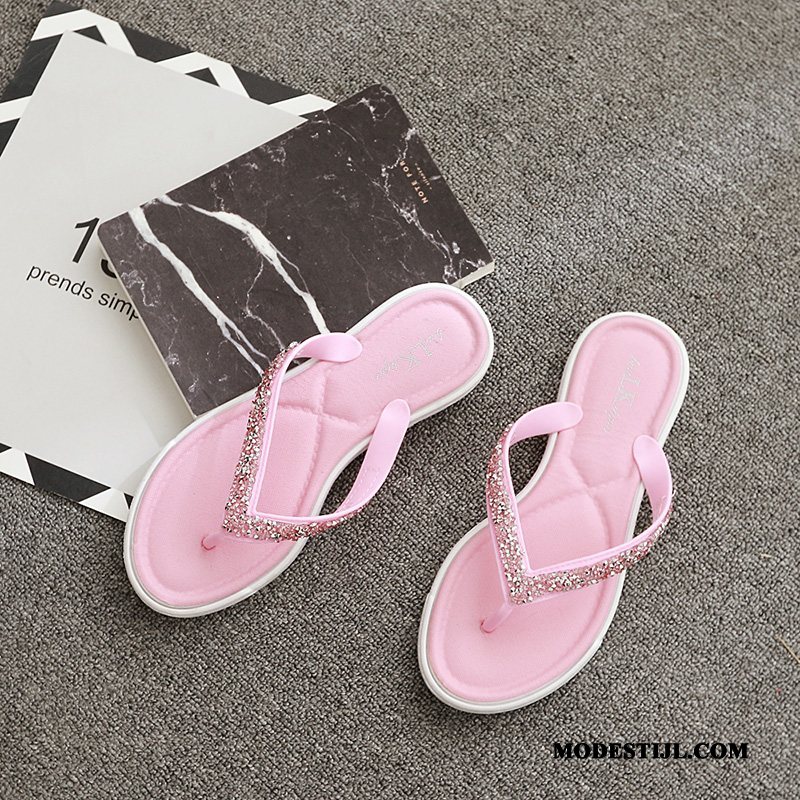 Dames Flip Flops Kopen Vrouwen Badkamer Platte Zool Met Strass Alle Wedstrijden Abrikoos Kleur Zandkleur