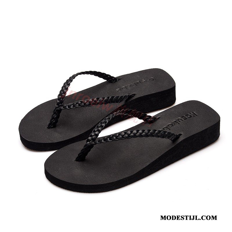 Dames Flip Flops Kopen Vrouwen Platform Platte Zool Pantoffels Sleehak Zandkleur Zwart