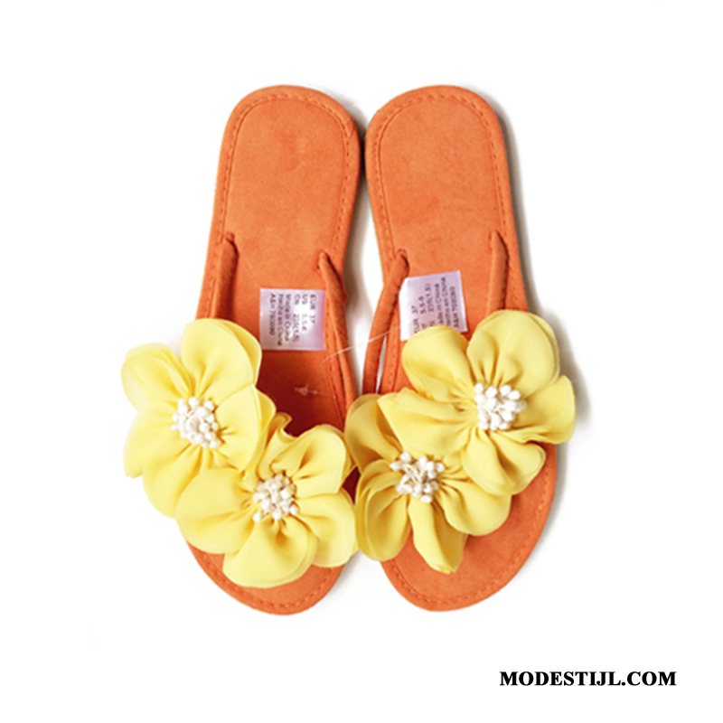 Dames Flip Flops Korting Plat Mooie Schoenen Pantoffels 2019 Zandkleur Geel Groen