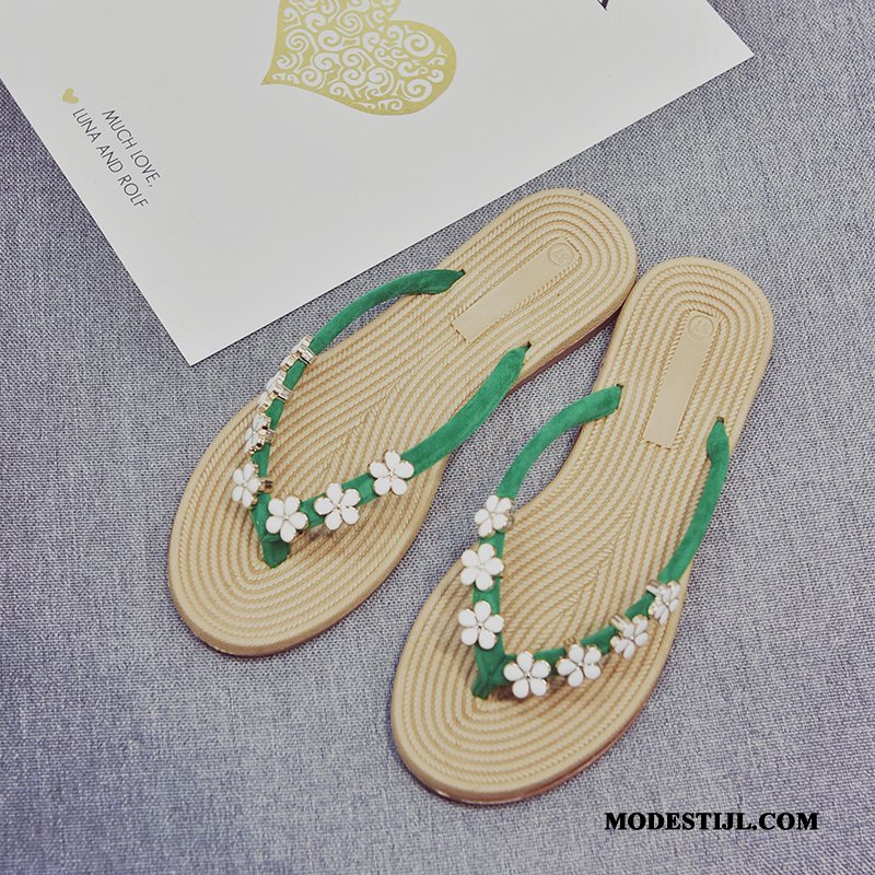 Dames Flip Flops Sale Outdoor Met Strass Alle Wedstrijden Platte Zool Slipper Zandkleur Zwart