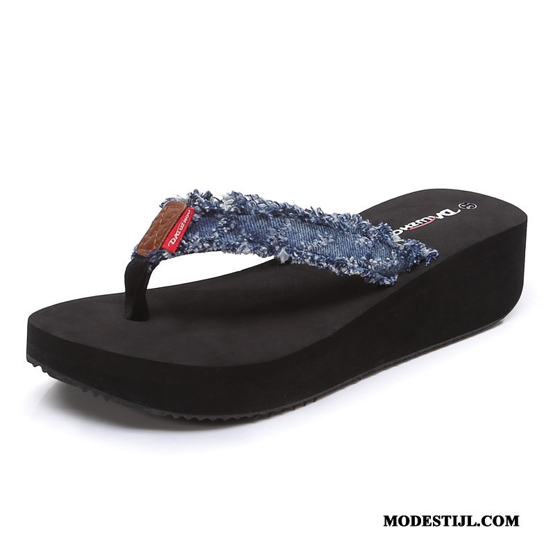 Dames Flip Flops Sale Trend Sleehak Mode Zomer Vrouwen Donkerblauw Zandkleur