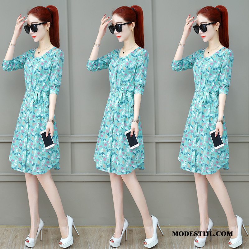 Dames Jurken Winkel Dunne Voorjaar Bloemen Vrouwen Slim Fit Groen