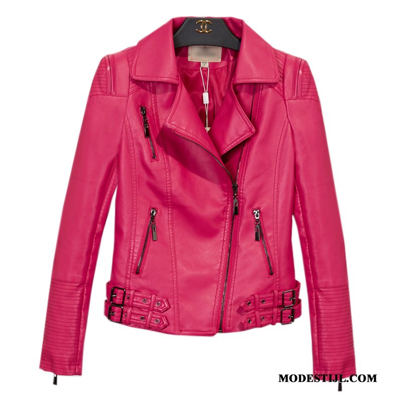 Dames Leren Jassen Korting Jasje Revers Motorfiets Losse Pu Leer Roze Rood Rood