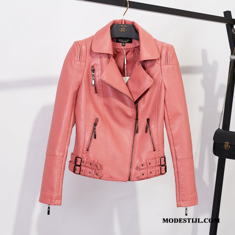 Dames Leren Jassen Korting Jasje Revers Motorfiets Losse Pu Leer Roze Rood Rood