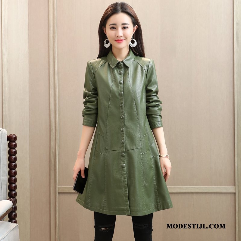 Dames Leren Jassen Korting Losse Dunne Trenchcoat Herfst Vrouwen Groen