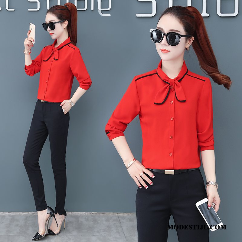 Dames Overhemden Goedkoop 2019 Mini Nieuw Lange Mouwen Chiffon Rood