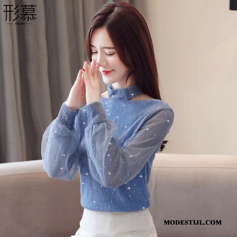 Dames Overhemden Kopen Nieuw Blouse Overhemd Lange Mouwen Onderhemd Jasje Blauw Wit