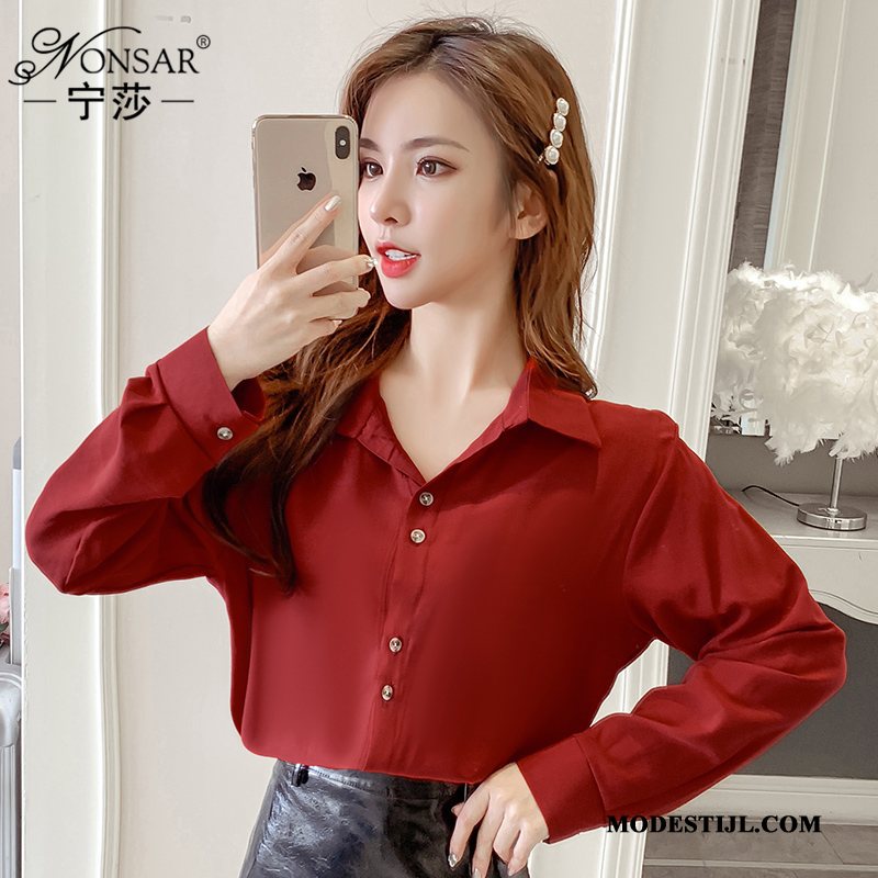 Dames Overhemden Online Eenvoudige Nieuw Blouse Overhemd Onderhemd Jasje Effen Kleur Rood