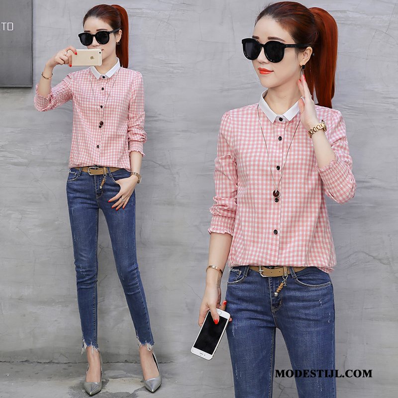 Dames Overhemden Online Geruit Dunne Mode Blouse Overhemd Herfst Roze