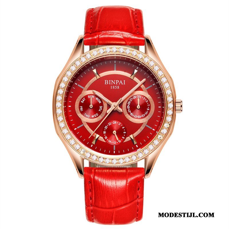 Dames Polshorloge Sale Trend Quartz Horloge Strass Waterdicht Echt Leer Roze Paars Goud