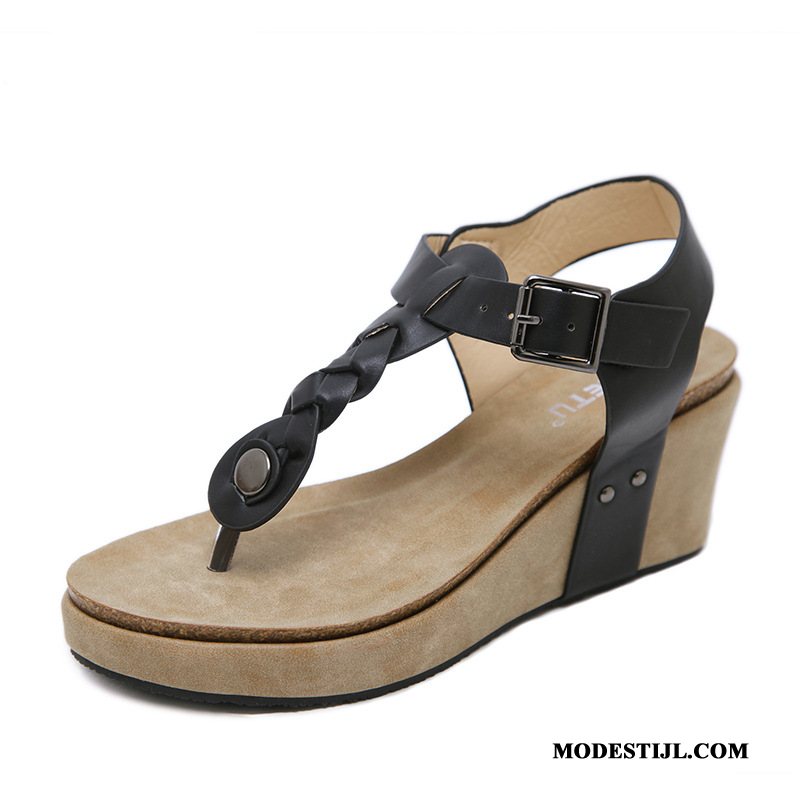 Dames Sandalen Sale Plateauzool Sandaal Natie Sleehak Comfortabele Goud Beige