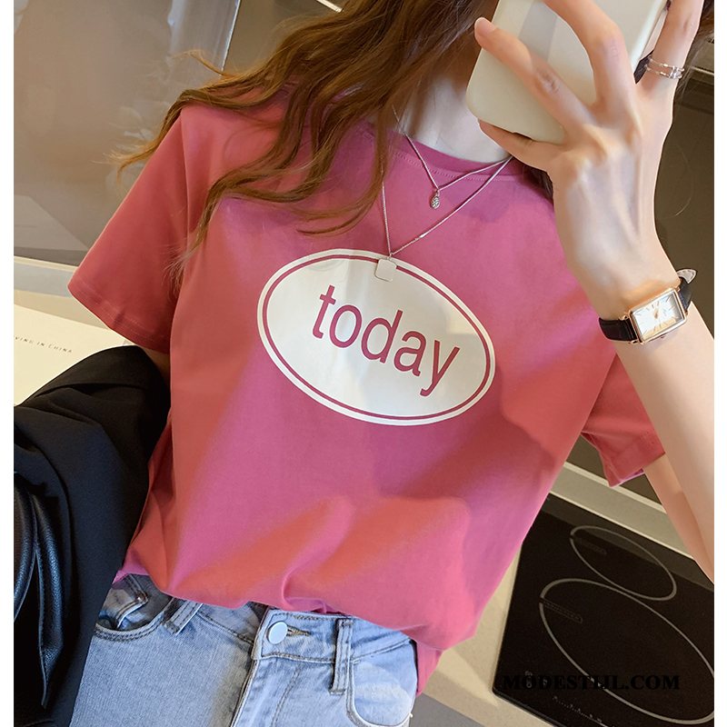 Dames T-shirts Online Ronde Hals Halve Mouw Vrouwen Onderhemd Bedrukken Roze Wit