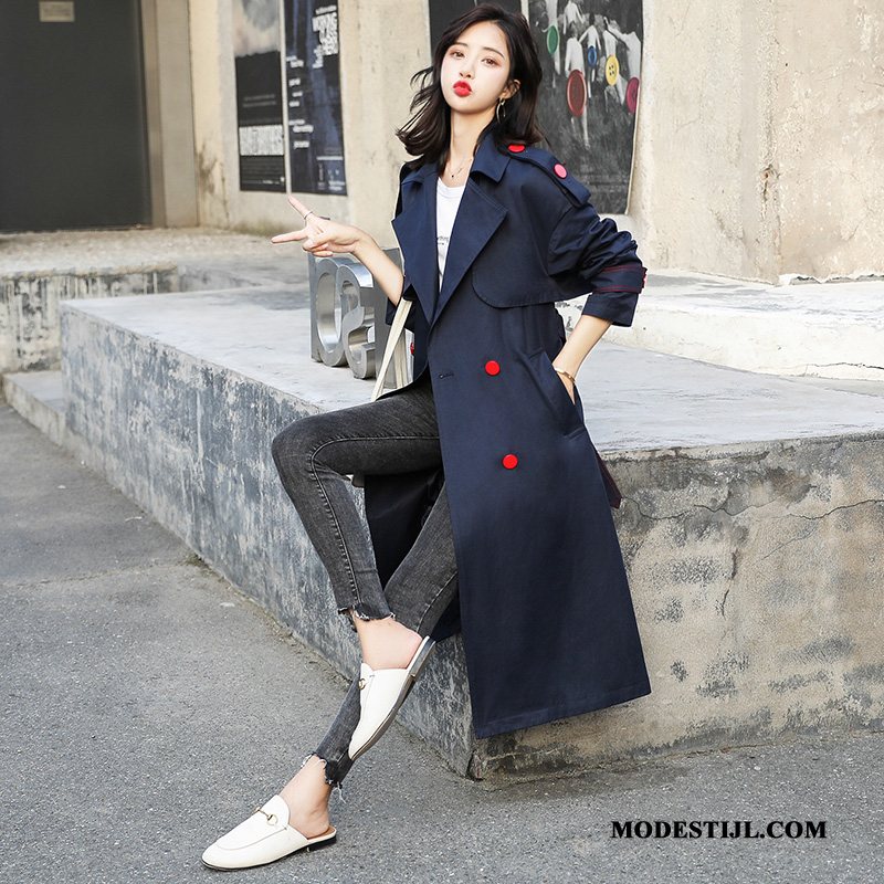 Dames Trenchcoat Goedkoop Elegante Lange Mouwen Letter Persoonlijk Comfortabele Marineblauw