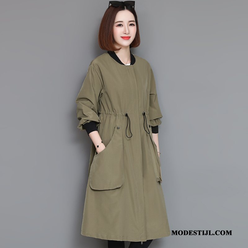 Dames Trenchcoat Goedkoop Vrouwen 2019 Herfst Lang Slim Fit Legergroene Effen Kleur