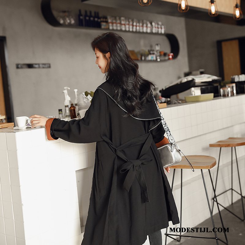 Dames Trenchcoat Kopen Groot Rits Lang Mouw Decoratie Zwart