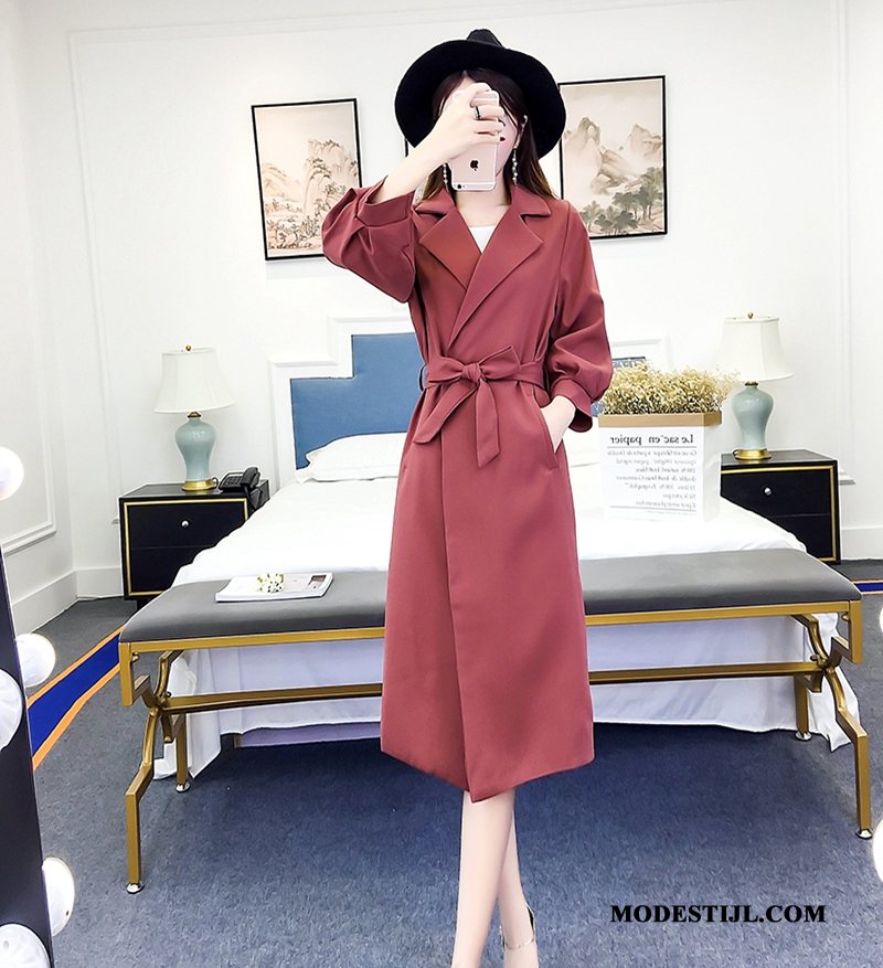 Dames Trenchcoat Sale Lange Mouwen Groot Revers Jas Strakke Rood