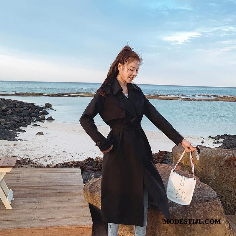Dames Trenchcoat Winkel Vrouwen Jas 2019 Lang Herfst Effen Kleur Zwart