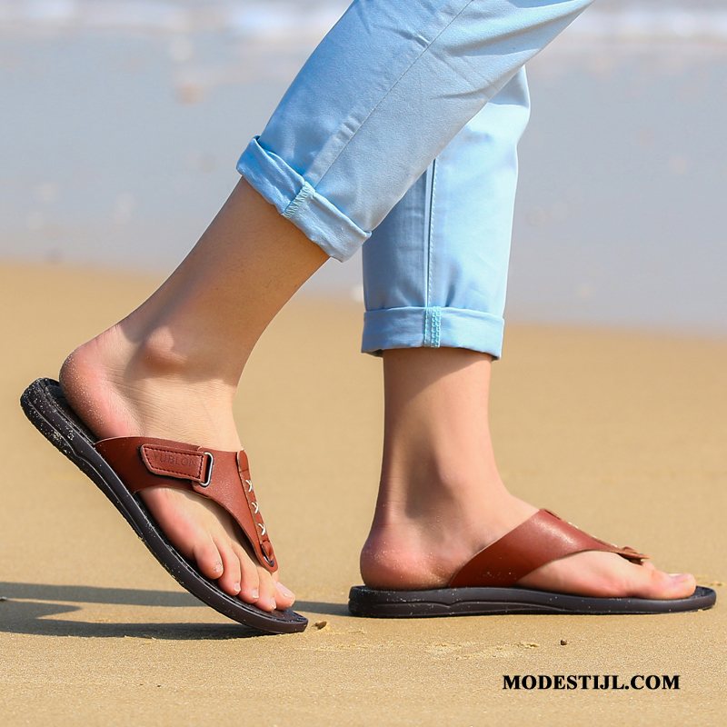 Heren Flip Flops Aanbiedingen Ademende Trend Mannen Sandaal Leer Blauw Zandkleur