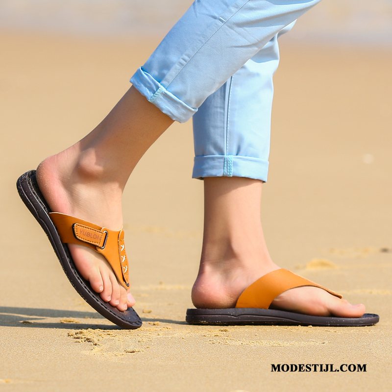 Heren Flip Flops Aanbiedingen Ademende Trend Mannen Sandaal Leer Blauw Zandkleur