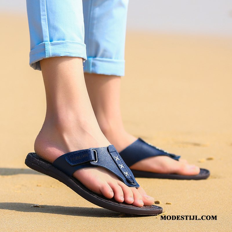 Heren Flip Flops Aanbiedingen Ademende Trend Mannen Sandaal Leer Blauw Zandkleur