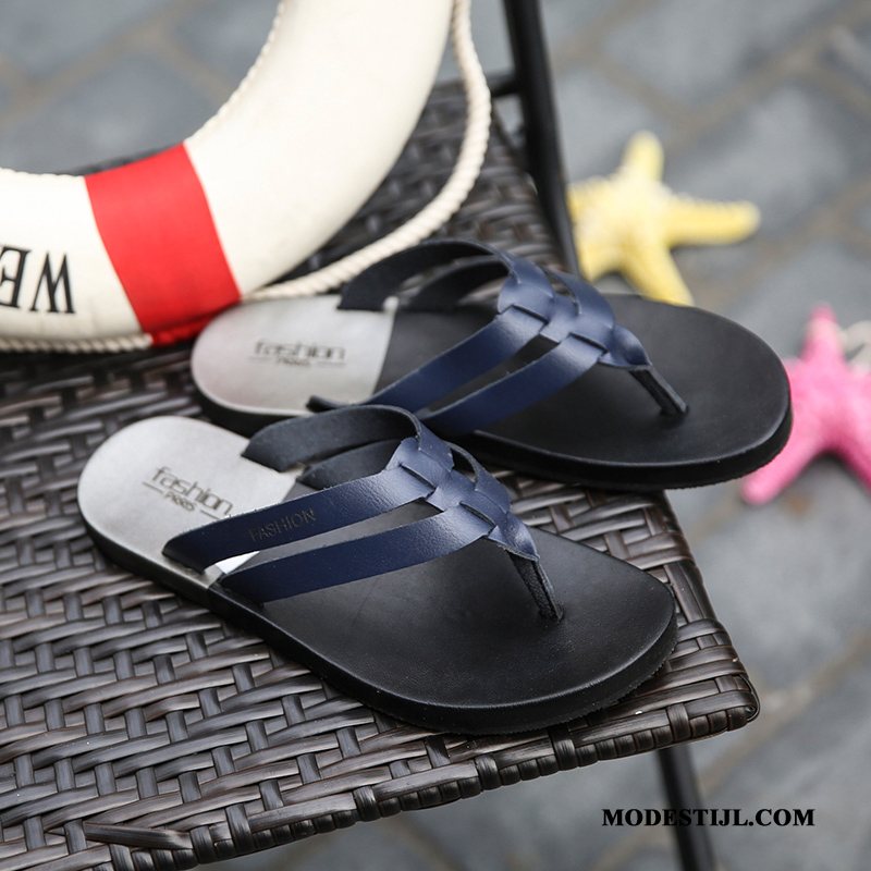 Heren Flip Flops Goedkoop 2019 Sandaal Echt Leer Antislip Casual Zandkleur Wit Zwart