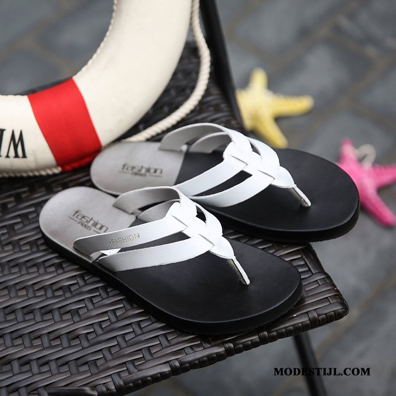 Heren Flip Flops Goedkoop 2019 Sandaal Echt Leer Antislip Casual Zandkleur Wit Zwart