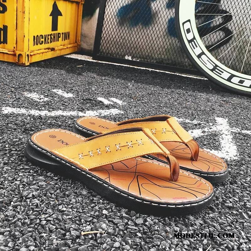 Heren Flip Flops Kopen Pantoffels Sandaal Slipper Schoenen Echt Leer Zandkleur Zwart