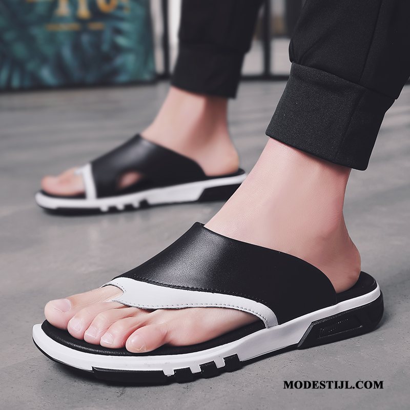 Heren Flip Flops Kopen Slipper Leer Antislip Mode Mannen Zandkleur Wit