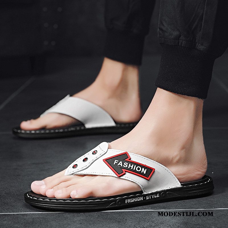 Heren Flip Flops Korting Antislip Zomer Pantoffels Echt Leer Outdoor Zandkleur Wit