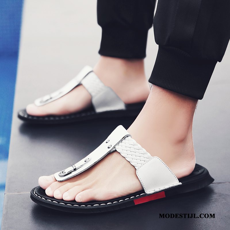 Heren Flip Flops Korting Trend Mannen Zomer Zachte Zolen Echt Leer Wit