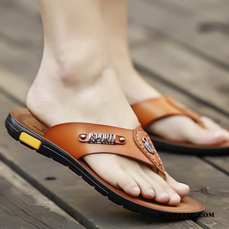 Heren Flip Flops Online Pantoffels Antislip Strand Echt Leer Slipper Zandkleur Geel