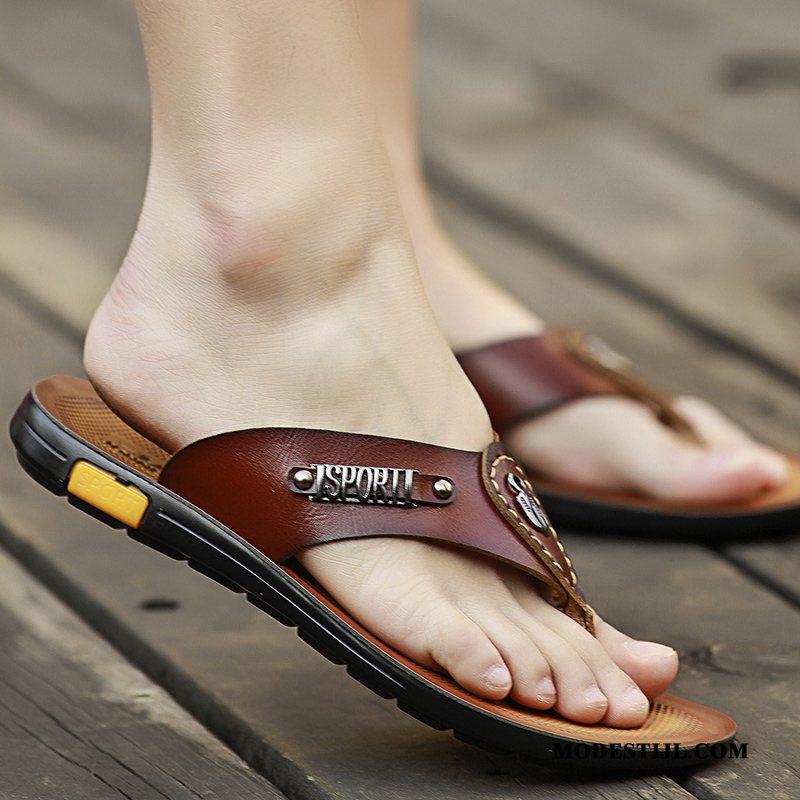 Heren Flip Flops Online Pantoffels Antislip Strand Echt Leer Slipper Zandkleur Geel