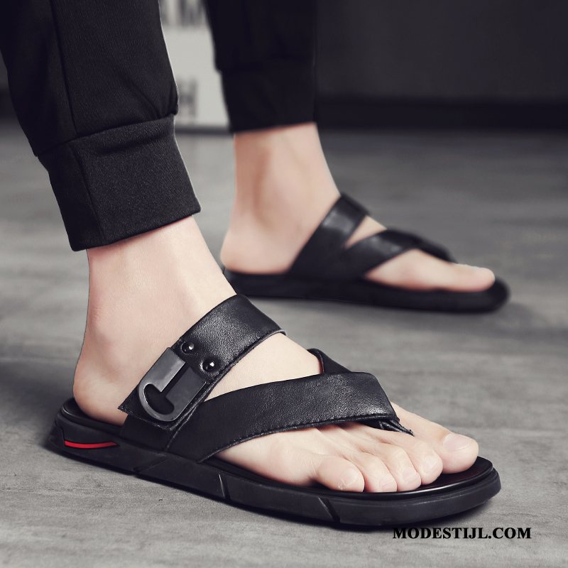 Heren Flip Flops Sale Echt Leer Trend 2019 Slipper Schoenen Zandkleur Zwart