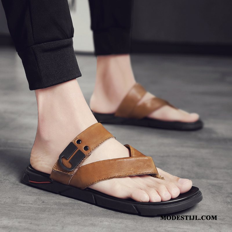 Heren Flip Flops Sale Echt Leer Trend 2019 Slipper Schoenen Zandkleur Zwart