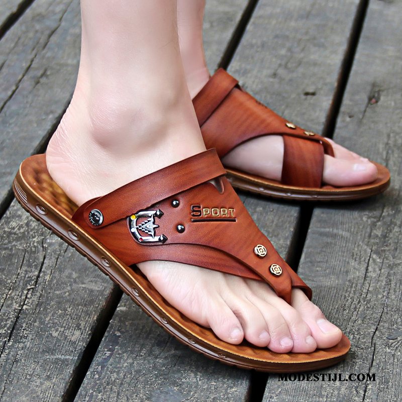 Heren Flip Flops Sale Slipper Zomer Echt Leer Mannen Waterdicht Zandkleur Bruine