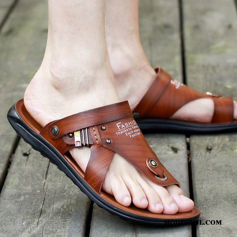 Heren Flip Flops Sale Slipper Zomer Echt Leer Mannen Waterdicht Zandkleur Bruine