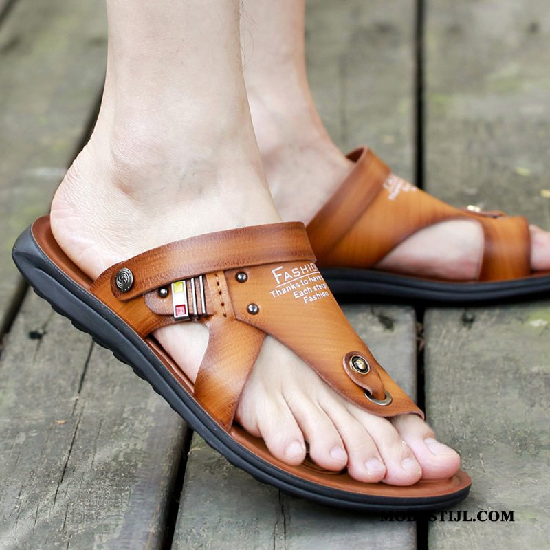 Heren Flip Flops Sale Slipper Zomer Echt Leer Mannen Waterdicht Zandkleur Bruine