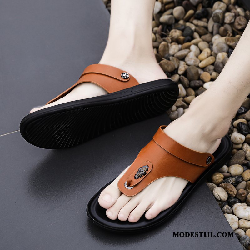 Heren Flip Flops Sale Trend Pantoffels Echt Leer Mannen Persoonlijk Bruine