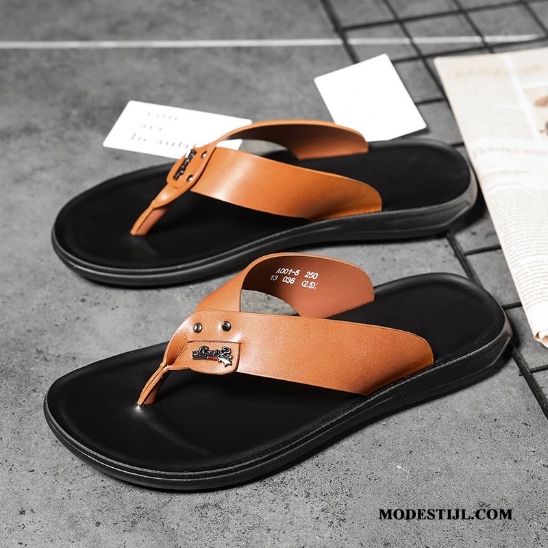 Heren Flip Flops Sale Trend Pantoffels Echt Leer Mannen Persoonlijk Bruine