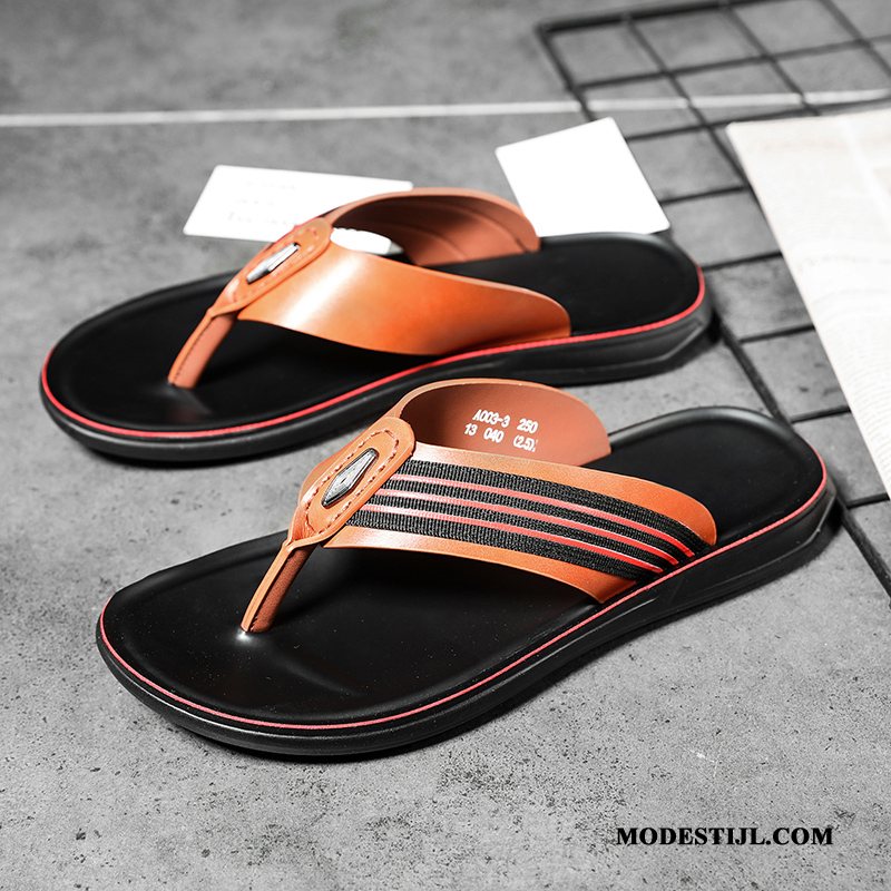 Heren Flip Flops Sale Trend Pantoffels Echt Leer Mannen Persoonlijk Bruine