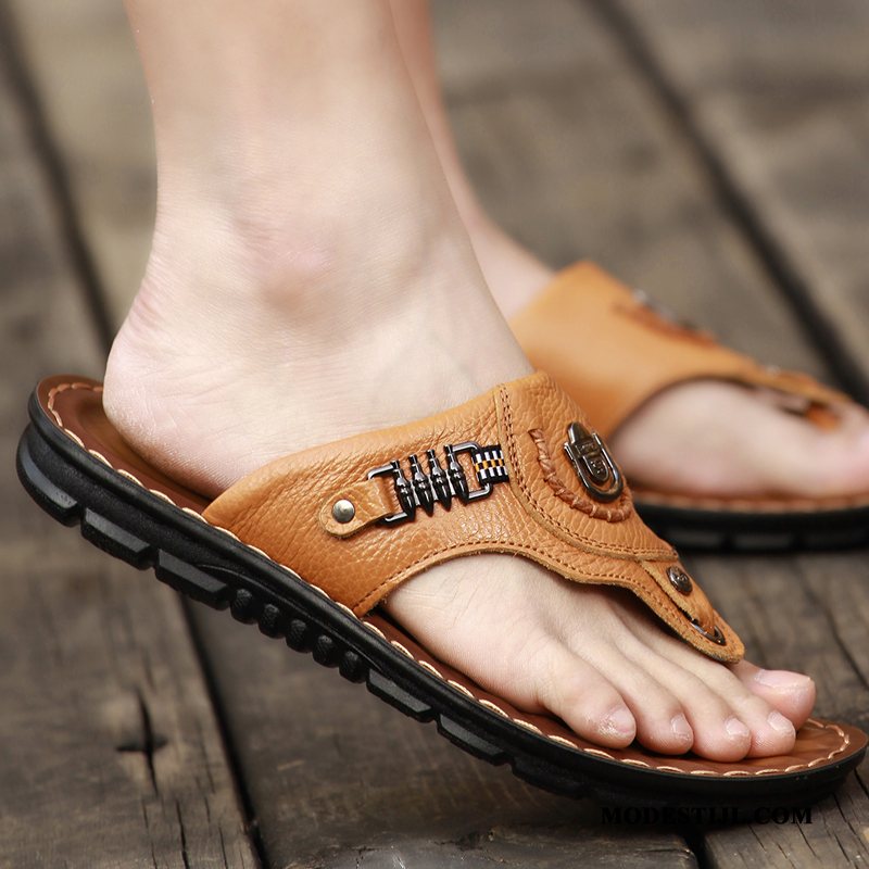 Heren Flip Flops Winkel Brits Sandaal Zomer Mannen Echt Leer Zandkleur Bruine