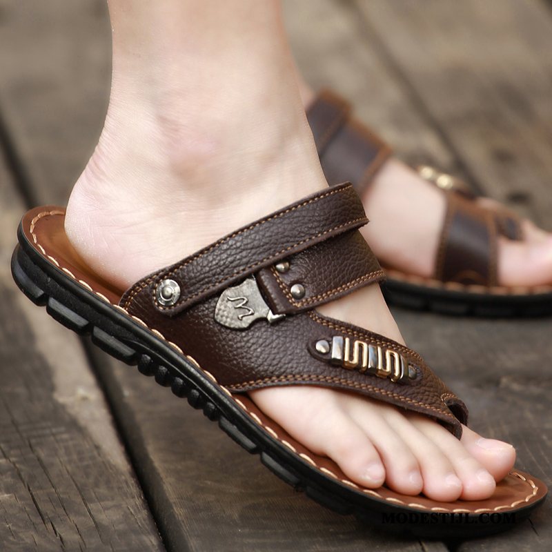 Heren Flip Flops Winkel Brits Sandaal Zomer Mannen Echt Leer Zandkleur Bruine