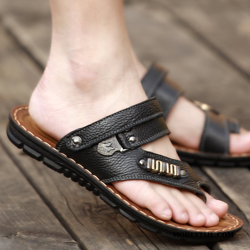 Heren Flip Flops Winkel Brits Sandaal Zomer Mannen Echt Leer Zandkleur Bruine